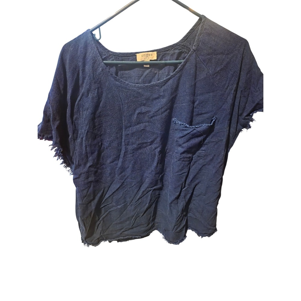 Umgee USA Navy Blue Linen‎ Blend Raw Hem Boho Cap Sleeve Top A6540 Womens L